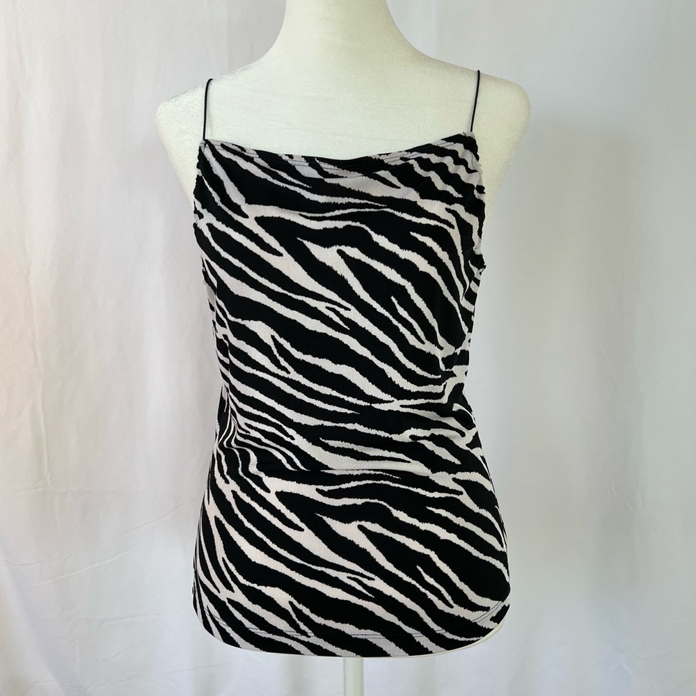 **SOLD** Zebra Print Tank Top with Elastic String Straps & Ruched Neckline Sz L - Picture 2 of 9